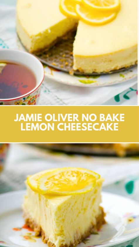 Jamie Oliver No Bake Lemon Cheesecake is made with cream cheese, graham cracker crumbs, lemon zest, fresh squeezed lemon juice, powdered icing sugar, vanilla extract, and heavy whipping cream. This easy No Bake Lemon Cheesecake recipe creates a dessert that takes about 6 hours to prepare, including setting time, and can serve up to 8 people. Lemon Icebox Cheesecake, Jamie Oliver Cheesecake, Cream Cheese And Lemon Desserts, No Bake Lemon Cheesecake Bars 12 Tomatoes, Lemon Yogurt Cheesecake, No Bake Lemon Cheesecake Recipes, Cheesecake Recipes Lemon, Easy No Bake Lemon Cheesecake, Easy Cheesecake Recipes No Bake