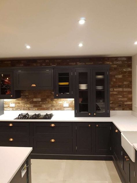 Brick Tiles Kitchen, Manor Kitchen, Brick Wall Kitchen, Shaker Kitchen Design, Brick Slips, Shaker Kitchens, Galley Kitchen Design, Open Plan Kitchen Diner, Brick Cladding