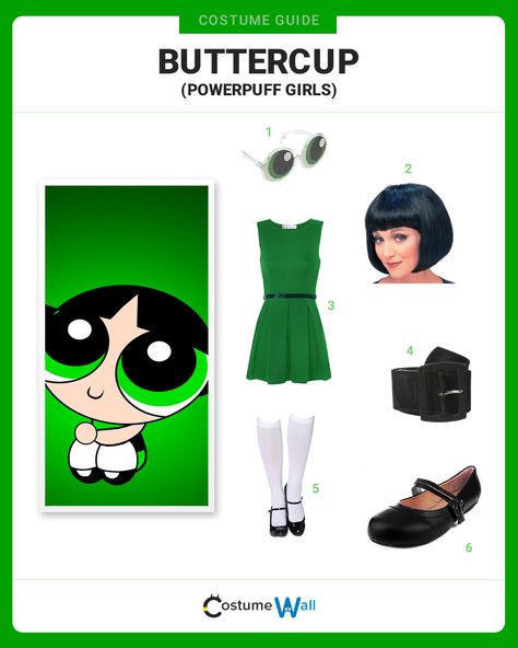 Toughen up dressed as Buttercup, the toughest fighter of The Powerpuff Girls that is seen wearing a lime green outfit. Buttercup Diy Costume, Buttercup Powerpuff Girls Costume, Powerpuff Outfit, Buttercup Cosplay, Green Dress Costume, Powerpuff Costume, Power Puff Costume, Costume Wall, Lime Green Outfits