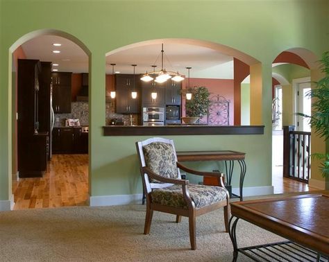 archway; living room; kitchen; hardwood floors Archway Living Room, Dinning Room Arch Design, Arch Design For Dinning Hall, Arch Separating Kitchen And Living Room, Hall To Dining Arch Design Wood, Hall To Dining Arch Design, Arched Kitchen, Kitchen Hardwood Floors, Kitchen Pass