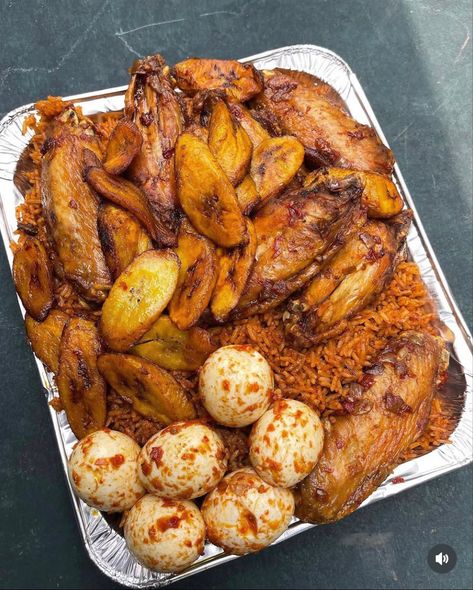 Jollof rice with fried plantain, hard boiled egg and deep fried Turkey Nigeria Food, Fried Plantain, African Recipes Nigerian Food, Deep Fried Turkey, Rice Side Dish Recipes, Hard Boiled Egg, Meal Prep Snacks, African Cooking, Fried Turkey