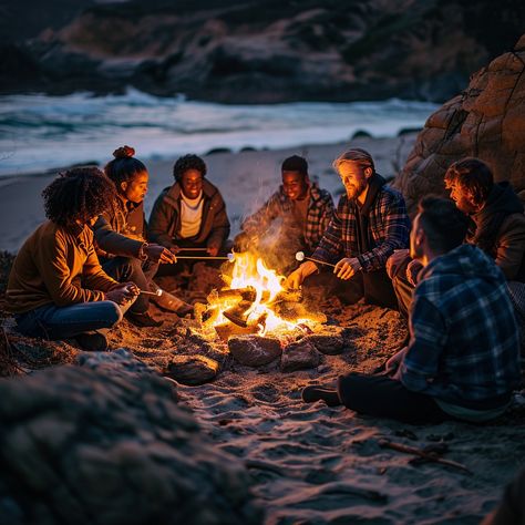 Cozy Beach Bonfire: Friends gather around a warm bonfire on a sandy beach during a serene evening twilight. #beach #bonfire #friends #gathering #twilight #warmth #cozy #evening #aiart #aiphoto #stockcake https://ayr.app/l/Esxa Friends Bonfire, Bonfire Friends, Beach Campfire, Twilight Beach, Bonfire Beach, Friends On The Beach, Mumbai Travel, Beach Fire, Roses Book