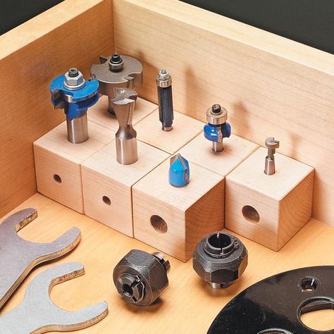 Felder Woodworking, Router Bit Storage, Dremel Router, Bit Storage, Woodshop Organization, Router Jig, Wooden Cubes, Workshop Organization, Diy Workshop