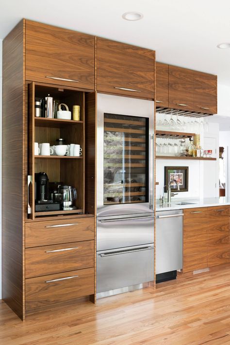 Modern Home Bar Designs, Stainless Steel Kitchen Cabinets, Coin Café, Modern Home Bar, Coffee Bars In Kitchen, Bar Designs, Walnut Cabinets, Beverage Center, Midcentury Home