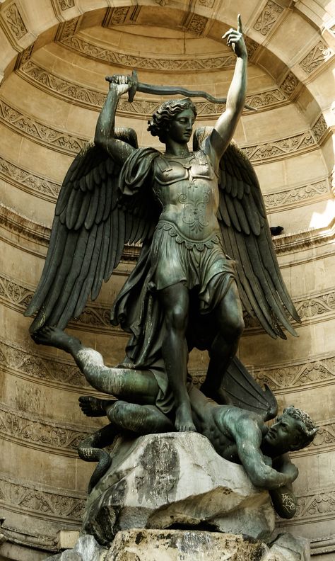 Archangel Michael and Lucifer. Saint Michael Statue, Archangel Michael Tattoo, Saint Art, Cemetery Angels, Statue Tattoo, Classic Sculpture, Angel Statue, Angel Sculpture, Cemetery Art