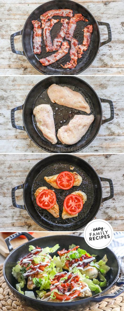 This BLT chicken skillet is all of your favorite BLT sandwich flavors as a wholesome, low-carb, high-protein meal! It's made with juicy pan-seared chicken topped with tomato, lettuce, crispy bacon, and Ranch dressing. Serve on its own, as a traditional sandwich, over a salad, you name it! It's quick, versatile, and so tasty! Healthy Blt, Blt Chicken, Classic Blt Sandwich, Asian Steak Bites, Creamy Pasta Bake, Healthy Baked Chicken, Chicken Skillet Recipes, Chicken Skillet, Blt Sandwich