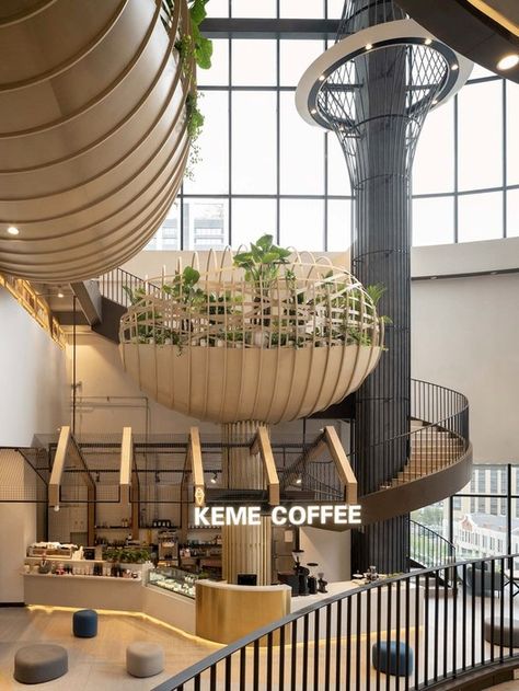 Bringing the Outdoors Inside: The Benefits of Biophilia in Architecture and Interior Spaces | ArchDaily Biophilic Architecture, Shopping Mall Interior, Atrium Design, Shopping Mall Design, China Architecture, Mall Design, Staircases, Cafe Interior, Cafe Design