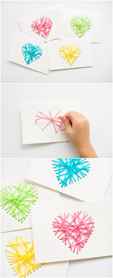 Make String Heart Yarn Cards. These make pretty handmade Valentine cards and are a great threading sewing activity for kids! String Heart, Sewing Activities, Hantverk Diy, Valentine Cards Handmade, Handmade Valentine, Mothers Day Crafts, Valentine Day Crafts, Valentine Crafts, Mothers Day Cards