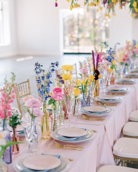 Table Flowers For Wedding Reception, Wild Flower Place Setting, Bright Color Wedding Decor, Small Wedding Touches, Bridgeton Wedding, Spring Wedding Table Decor, Floral Table Arrangements, Spring Outdoor Wedding, Colorful Floral Wedding