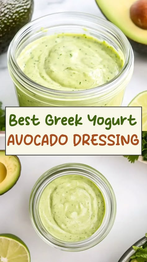 Indulge in a healthier salad option with this delicious Greek yogurt avocado dressing recipe! This creamy and flavorful dressing is the perfect way to elevate your favorite salads. Made with nutrient-packed ingredients like Greek yogurt and avocado, it's both nutritious and satisfying. Drizzle it over your salads for a burst of flavor that will leave you craving more. Say goodbye to store-bought dressings loaded with preservatives and hello to this homemade, wholesome alternative. Yogurt Avocado Dressing, Avocado Yogurt Sauce, Greek Yogurt Sandwich Spread, Avocado Dressing For Salad, Avocado Greek Yogurt Dressing, Curry Yogurt Dressing, Dressings With Greek Yogurt, Diet Dressing Recipes, Homemade Avocado Dressing