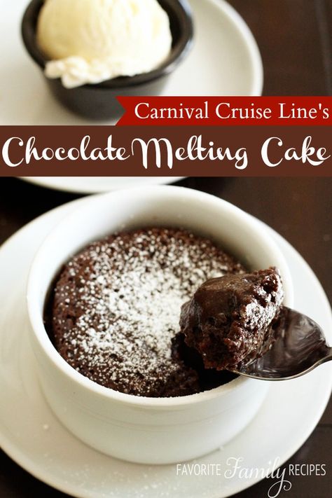 Easy chocolate melting cake Carnival Recipes, Melting Cake, Cruise Recipes, Chocolate Melting Cake, Carnival Conquest, Carnival Breeze, Chocolate Melting, Coconut Dessert, Most Popular Desserts