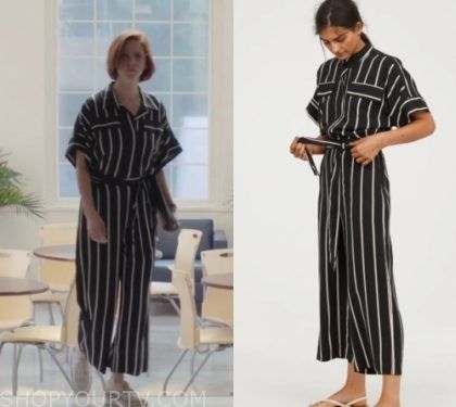 Workin' Moms: Season 3 Episode 9 Anne's Striped Jumpsuit | Shop Your TV Working Moms Anne Outfit, Working Moms Tv Show, Anne Carlson, Mom Tv Show, Worn On Tv, Where To Buy Clothes, Wardrobe Clothes, Tv Show Outfits, Striped Jumpsuit