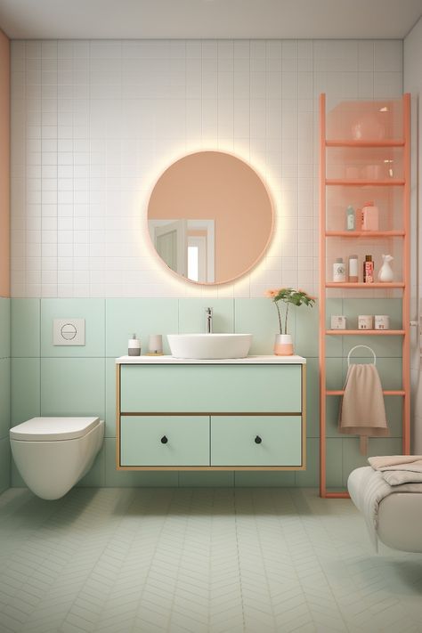 Peach Colored Rooms, Pastel Bathroom Ideas, Minimalistic Toilet, Soft Selfie, Retro Green Bathroom, Mint Green Bathrooms, Bathroom Tiles Combination, Mint Bathroom, Mint Bedroom