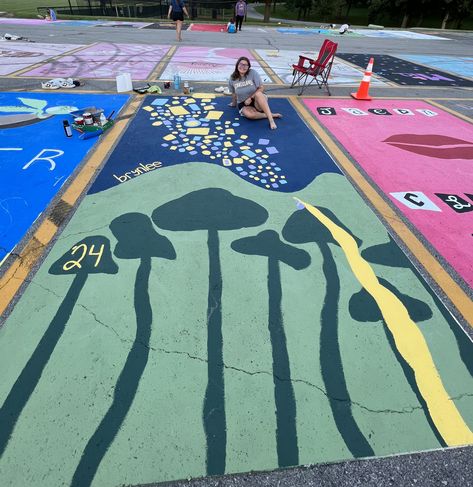 Couples Senior Parking Spots, Senior Parking Spaces Tangled, Tangled Parking Spot Painting, Rapunzel Senior Parking Spot, Disney Parking Spots, Tangled Senior Parking Spot, Disney Parking Spot Painting Ideas, Tangled Parking Spot, Tangled Mural