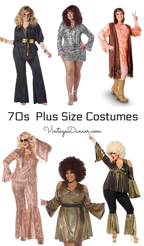 70s plus size costumes for hippies and disco divas at VintageDancer Disco Outfits For Women 70s, Plus Size 70s Costume, Motown Costumes Ideas, Plus Size 70s Disco, 70s Disco Party Outfit Couple, 70s Party Outfits Women Costume Ideas, 70s Disco Party Outfit Costume Ideas Plus Size, Diy 70s Disco Costume Women, Disco Party Outfit Plus Size