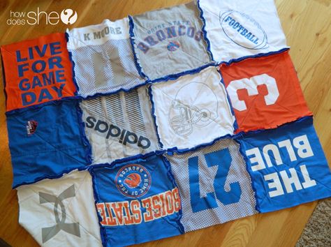 nicoletteteamspiritblanket10 T Shirt Blanket, Distressed Tshirt Diy, T Shirt Bracelet, Shirt Blanket, Tshirt Blanket, Tshirt Quilt, Recycled T Shirts, Blanket Diy, Old Quilts