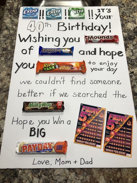 40th Birthday Candy Poster, Birthday Candy Poster, Candy Bar Poems, Candy Poster Board, Candy Birthday Cards, 40th Birthday Poster, 40 Birthday Signs, 40th Birthday Themes, Homemade Birthday Gifts