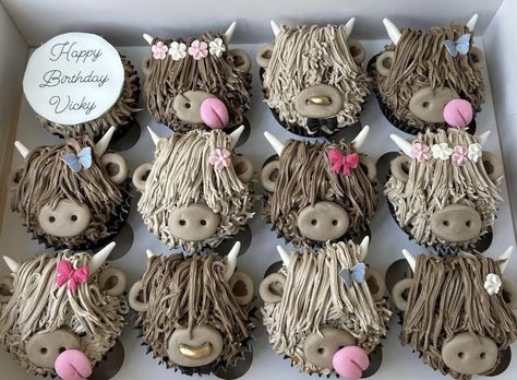 Cow Birthday Cupcakes, Highland Cow Cupcakes, Highland Cow Birthday, Cow Birthday Cake, Cow Baby Shower Theme, I Love Cows, Cow Cupcakes, Cow Cup, Cowboy Themed Birthday Party