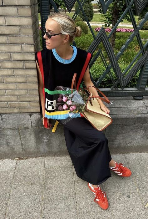 Wearing Rosie Antwerp Top, · ZARA · Skirt and adidas Sneakers Colourful Sneaker Outfits Women, Coloured Sneakers Outfit, Colourful Sneakers Outfit, Samba Fashion, Colorful Sneakers Outfit, Skirt And Sneakers Outfit, Colourful Sneakers, 23 Style, Sneaker Outfits Women