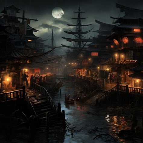 japanese steampunk port city Japanese Pirate Art, Pirate City Concept Art, Steampunk Asian City, Pirate City Fantasy Art, Port City Concept Art, Futuristic Japanese City, Japanese Fantasy City, Port City Fantasy Art, Fantasy Port City