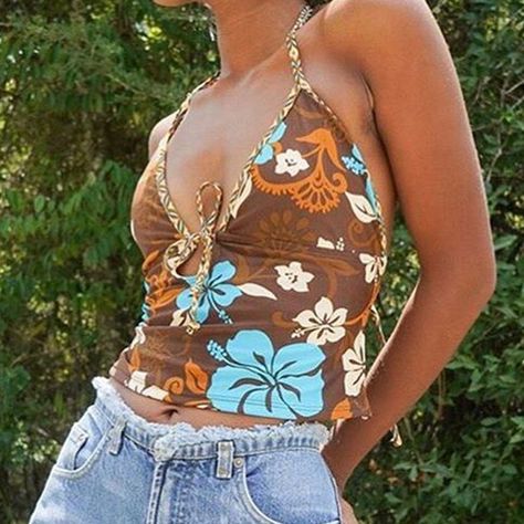 Smarter Shopping, Better Living! Aliexpress.com Halter Cami Top, Summer Beach Style, Y2k Bohemian, Bohemian Beach Style, Crop Top Summer, Blue Halter Top, Backless Tank Top, Floral Print Crop Top, Aesthetic Streetwear