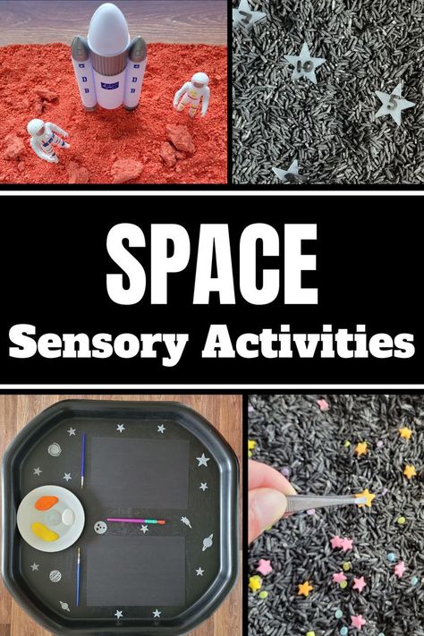 Pin text reads, space sensory activities and shows images of 4 space theme sensory play ideas. Space Activities Tuff Tray, Sensory Bin Space Theme, Space Themed Sensory Bin, Space Sensory Activities, Space Theme Sensory, Sensory Tray Ideas, Busy Toddler Activities, Preschool Space Theme, Sensory Bin Preschool