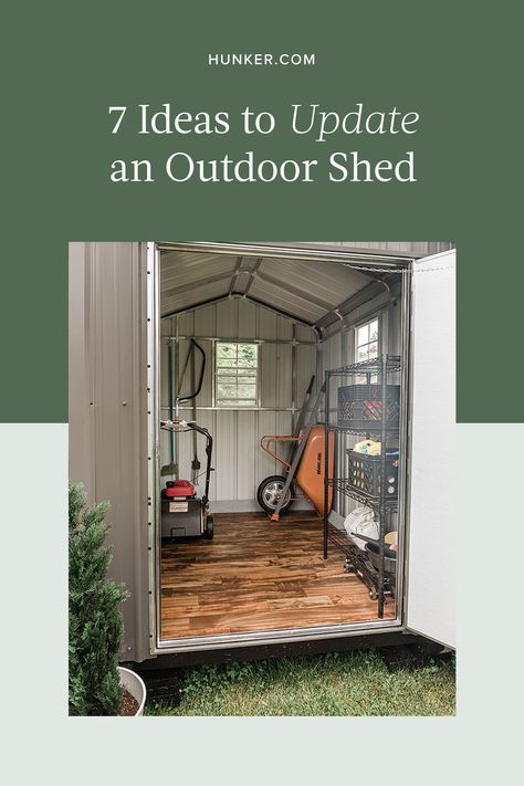 Outdoor Shed Makeover, Concrete Sheds, Outdoor Shed, Painted Shed, Shed Makeover, Tin Shed, Hiding Ugly, Outdoor Storage Bench, Door Handles Modern