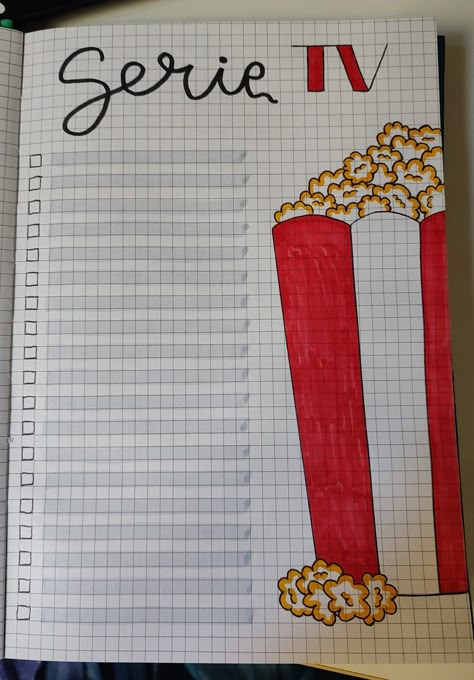 TV series Page of bullet journal Bujo Tv Series Tracker, Movie Bullet Journal Page, Movie List Bullet Journal Ideas, Bullet Journal Tv Show Tracker, Cover Pages Aesthetic, Premiere Page Bullet Journal, Tv Shows Bullet Journal, Tv Show Tracker Bullet Journal, Journal Movie Page