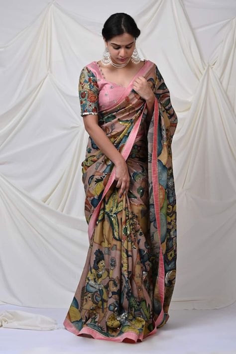 Buy Blue Georgette Applique Work Pre Draped Saree With Sleeveless Blouse For Women by Rohini Bedi Online at Aza Fashions. Blouse Designs For Printed Sarees, Kalamkari Saree Blouse Design, Sarees Trending Latest, Pen Kalamkari Saree Blouse Designs, Kalamkari Blouse Patterns, Blouse Designs For Floral Sarees, Latest Sarees 2024, Kalamkari Painting Saree, Mangalgiri Saree Blouse Designs