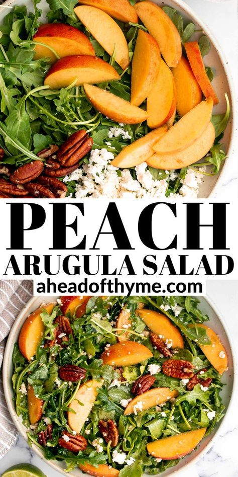 Peach Arugula Salad, Peach Salad Recipes, Homemade Balsamic Vinaigrette, Fresh Salad Recipes, Peach Salad, Summer Salad Recipes, Arugula Salad, Balsamic Vinaigrette, Summer Salad