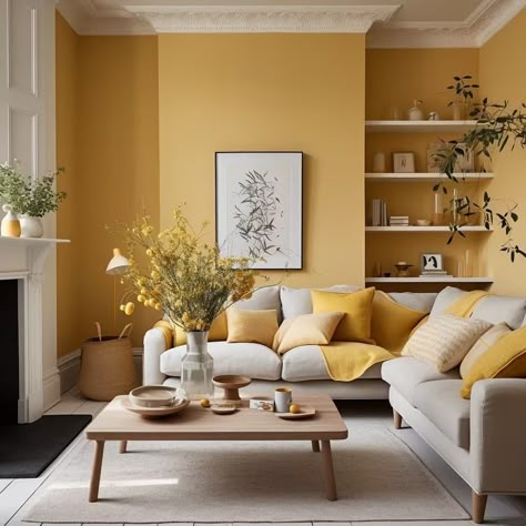 Home Paint Color, Built In Shelves Living Room, Yellow Living Room, Dark Furniture, Yellow Walls, Store Interior, Bedroom Colors, Living Room Inspiration, House Colors