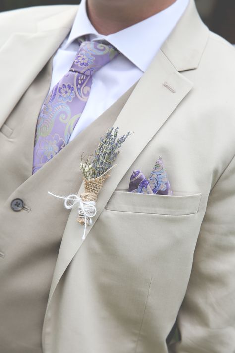 Tan Three-Piece Suit with Patterned Tie and Lavender Boutonniere Rapunzel Wedding Theme, Lavender Boutonniere, Lavender Wedding Theme, Rapunzel Wedding, Tangled Wedding, Purple Quince, Wedding Tux, Tan Wedding, Purple Wedding Theme