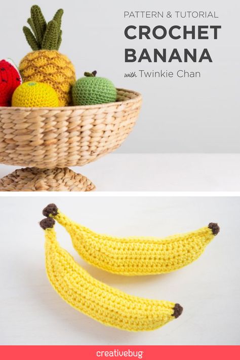 Crochet designer Twinkie Chan, beloved for her sugary snack-themed accessories, goes au natural for Creativebug with this crocheted banana. Easy enough for the beginning crocheter but with enough subtle details to maintain interest, you’ll learn skills and tricks that make crocheting 3D objects a breeze. This banana will stitch up in less than an hour and is perfect for a play kitchen or a decorative fruity spread. Free Crochet Banana Pattern, Crochet Banana Pattern Free, Banana Crochet, Quiet As A Mouse, Crochet Banana, Twinkie Chan, Handmade Presents, Learn Skills, Banana Pattern