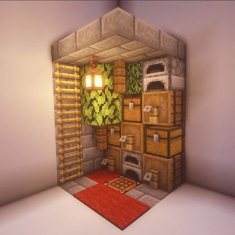 Minecraft Small Living Room Ideas, Minecraft Tavern Ideas Interior, Minecraft Cleric House Interior, Minecraft Kitchen Island, Minecraft Small Interior Design, Minecraft Compact Room, Minecraft Loft Bedroom, Minecraft Pantry, Minecraft Furnace Ideas