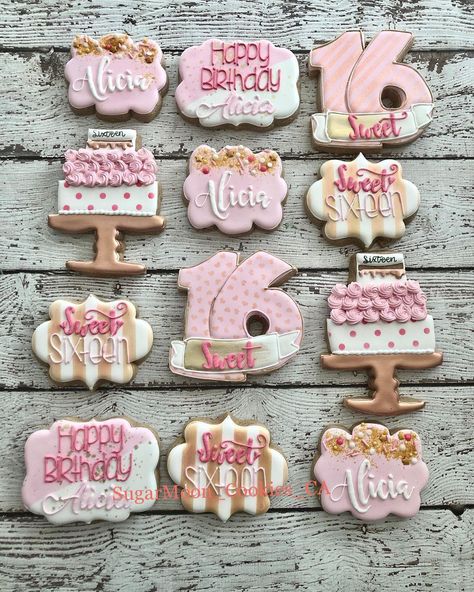 There’s nothing sweeter than turning 16. #sweet16 #birthdaycookies #pinkandrosegoldcookies #sweetsixteencookies | Instagram Sweet 16 Party Planning, Gold Cookies, Pink Sweet 16, Happy Birthday Cookie, Sweet Sixteen Birthday Party Ideas, Sweet 16 Themes, Milestone Birthday Party, Sweet 16 Birthday Cake, Cake Writing