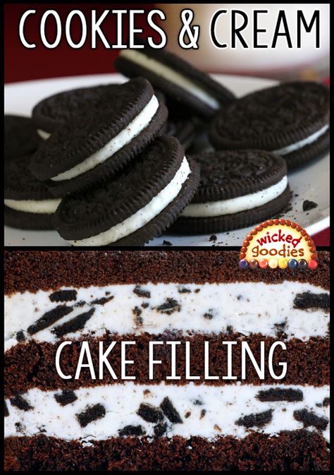 Oreo Cake Filling, Cream Cake Filling, Cookies And Cream Filling, Cake Cream Filling, Cream Filling Recipe, Cookies And Cream Frosting, Oreo Ice Cream Cake, Oreo Filling, Cookies And Cream Cheesecake