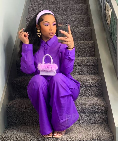 Purple outfit, purple purse, purple headband Purple Headband Outfit, Anaya Ivy, Purple Swag, Spring Outfits 2020, Business Professional Dress, Purple Headband, Bad Dresses, Purple Purse, Headband Outfit