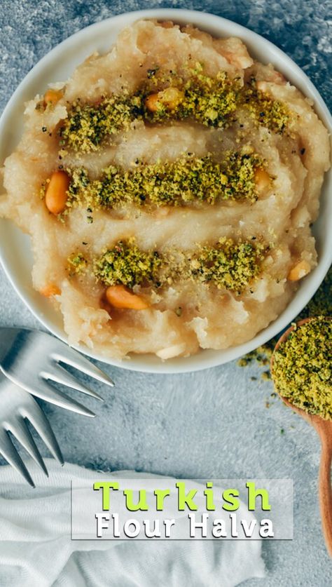 Need the simplest dessert on earth? Make this Turkish halva recipe that is made with 4 ingredients! #turkishsweet #turkishfood #halvarecipe #halva Turkish Halva Recipe, Homemade Turkish Delight, Halva Recipe, Turkish Sweets, Semolina Cake, Turkish Desserts, Creamy Desserts, Turkish Recipes, Easy Cooking