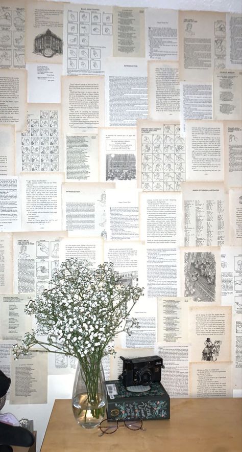 Wall Art With Book Pages, Wall Art Book Pages, Wall Covered In Book Pages, Book Quote Wall Bedroom, Book Page Wallpaper Bedroom, Book Page Wallpaper Diy, Literature Room Decor, Book Themed Room Bedrooms, Wall Of Book Pages