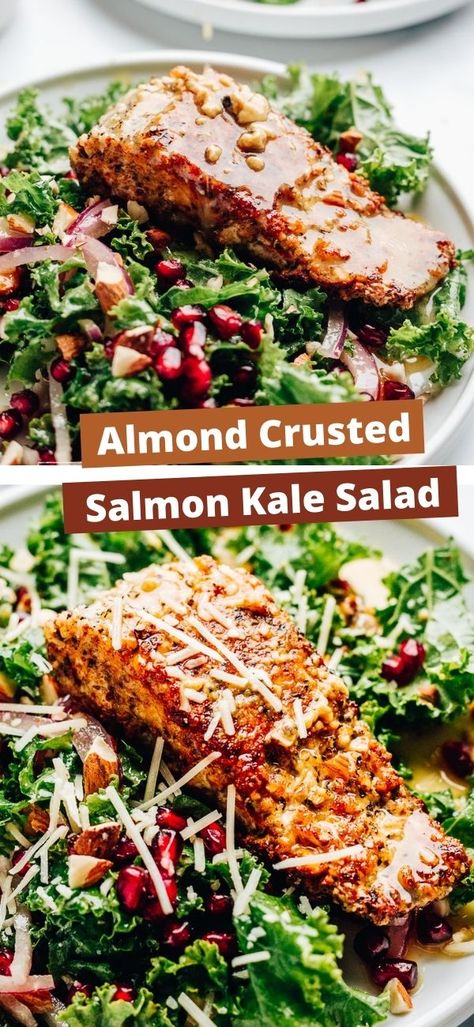 Salmon Pomegranate Salad, Almond Dinner Recipes, Paleo Salmon Salad, Crispy Salmon Salad, Salmon Kale Recipe, Winter Salmon Salad, Salmon With Quinoa Salad, Salmon On Salad, Fall Salmon Salad