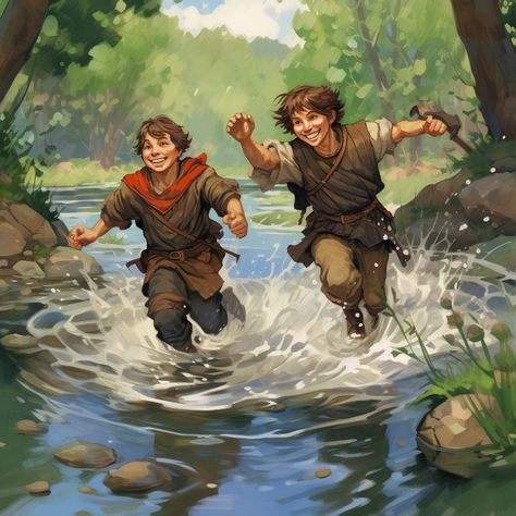 DnD style, two medieval peasant boys playing in a river, male, age 10, happy and playful Medieval Peasant Art, Medieval Peasant Boy, Children Playing Drawing, Little Boy Character Design, Fantasy Peasant, Medieval Children, Victorian Peasant, Medieval Prince, Peasant Boy