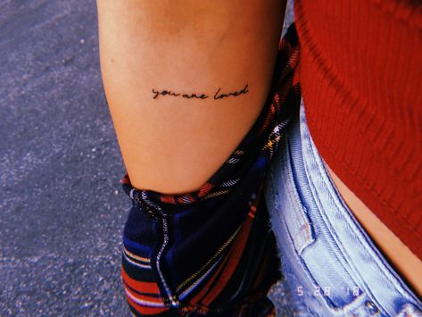 You are loved small word tattoo You Are So Loved Tattoo, You Are Loved Tattoo Ideas, I Am Loved Tattoo, Jesus Loves You Tattoo, You Are Loved Tattoo, Loved Tattoo, Small Words Tattoo, Colombia Trip, Love In Cursive