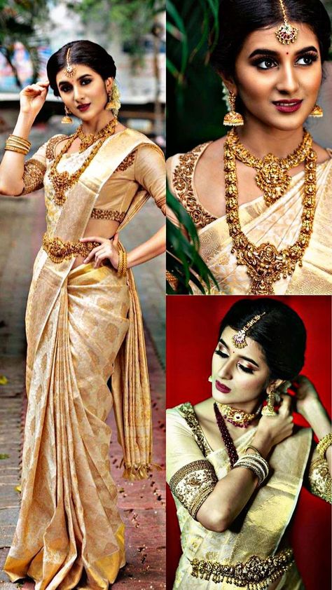 Bridal Makeover South Indian, Bridal Wedding Sarees South Indian, Kerala Saree With Pink Blouse, Kerala Makeup Look, Jwellery Idea With Saree, Kerala Bride Makeup, Muhurtham Makeup Look, Gold Bridal Saree South Indian, South Indian Wedding Saree Collection