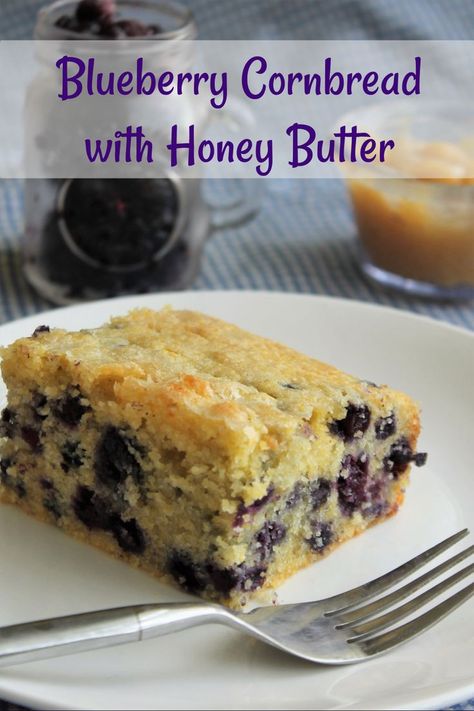 A square of cornbread filled with blueberries on a white plate with a small container of honey butter behind it. Cornbread With Honey Butter, Cornbread With Honey, Trial Room, Blueberry Cornbread, Cornbread Recipe Sweet, Easy Blueberry, Corn Bread Recipe, Blueberry Recipes, Honey Butter