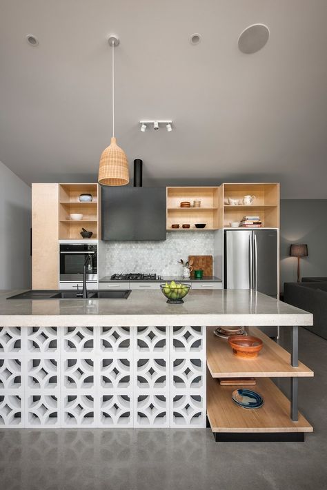 Breeze Blocks Are the Best New Thing to Happen to Interiors Cinderblock House, Penny Tile Backsplash, Decorative Concrete Blocks, Breeze Block Wall, Screen Block, Decoration Beton, Breeze Blocks, Joinery Design, Best Kitchen Designs