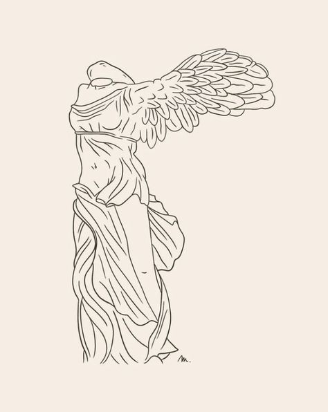 Simple Greek Mythology Drawings, Nike Statue Drawing, Athena Nike Tattoo, Greek Goddess Statue Drawing, Greek Mythology Outline, Athena Painting Greek Mythology, Greek Woman Statue Tattoo, Victory Statue Tattoo, Greek Muse Tattoo