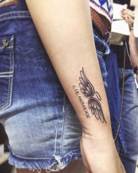 Rip Boyfriend Tattoos, Angel Rip Tattoo, Roman Numeral Tattoo For Women, Small Rip Tattoos Ideas, Small Remembrance Tattoos Simple, Small Memorial Tattoos Brother, Remberance Tattoo, Rip Tattoo Ideas, Small Remembrance Tattoos