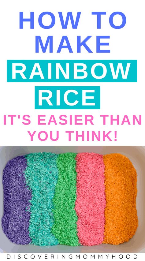 How to Make a Rainbow Rice Sensory Bin - Discovering Mommyhood Rainbow Rice Sensory Bin, Themed Sensory Bins, Rainbow Sensory Bottles, Rice Sensory Bin, Fun Activities For Preschoolers, Toddler Sensory Bins, Make A Rainbow, Rainbow Rice, Baby Sensory Play