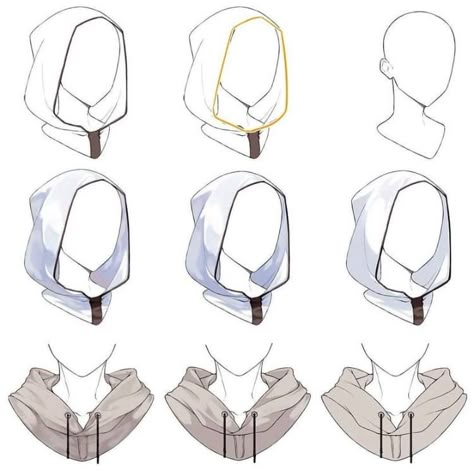 Drawing Hoods Reference, How To Draw A Hood Down, Hood Drawings Reference, Hood Drawings Sketches, Head Scarf Drawing Reference, Hooded Reference, Clothes Drawings Sketches, Hood Up Reference, Characters With Hoodies