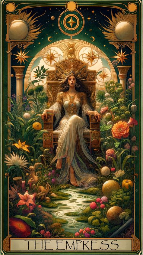 Delve into the symbolism and meaning of the Empress tarot card with this insightful overview. Representing femininity, fertility, and abundance, the Empress is a powerful symbol of nurturing and creativity. Ideal for tarot enthusiasts seeking to deepen their understanding of this majestic and maternal figure. Empress Card Tarot, The Empress Tarot Wallpaper, Tarot Cards The Empress, The Empress Tarot Card Art, Oracle Cards Art, Tarot Wallpapers, Empress Art, The Empress Card, Iphone Wallpaper Elegant